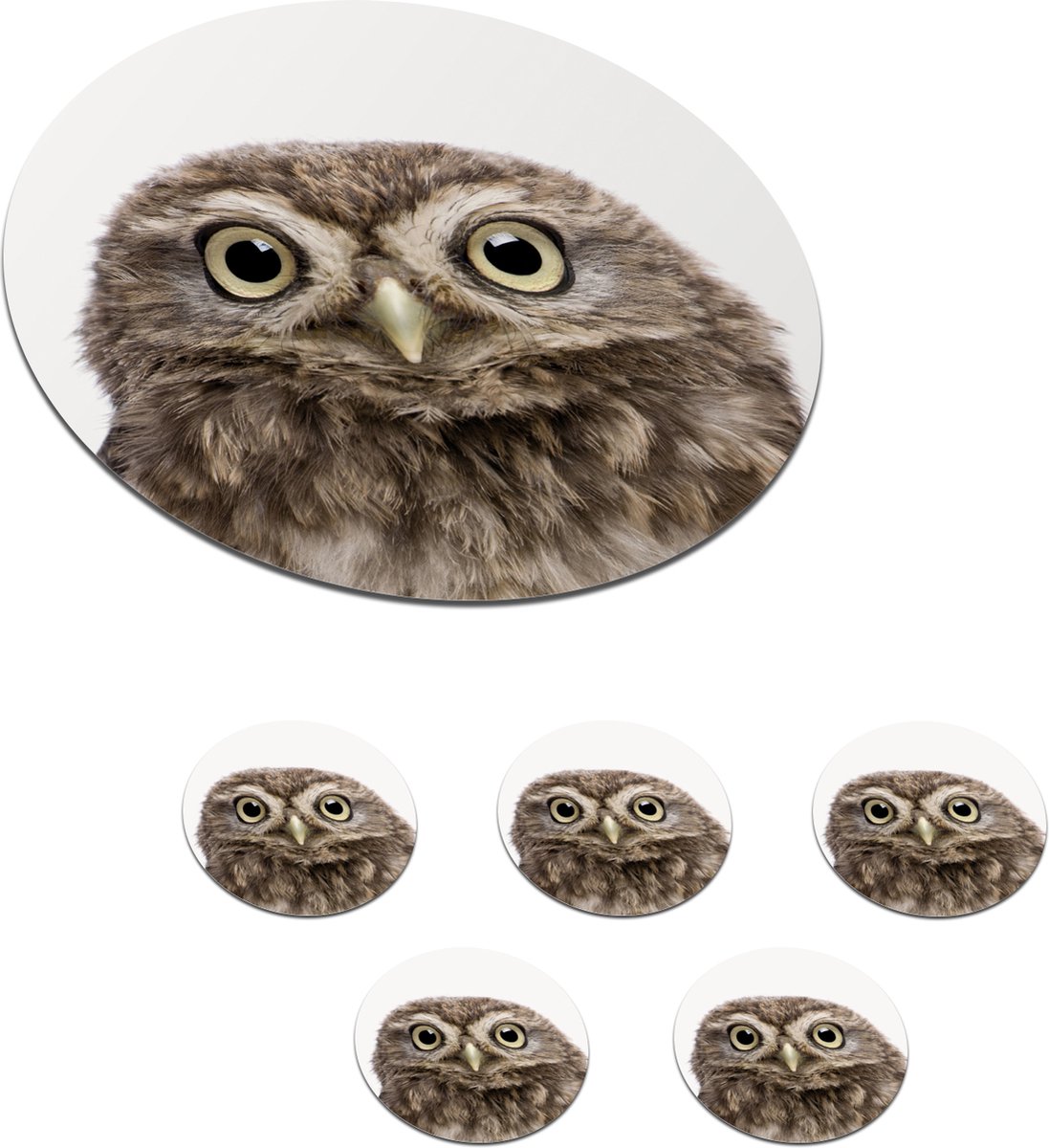 Onderzetters voor glazen - Rond - Dieren - Uil - Wit - 10x10 cm - Glasonderzetters - 6 stuks