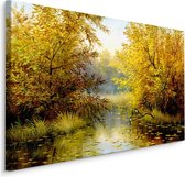 Schilderij - Rivier door het Bos, Herfst, Premium Print op Canvas