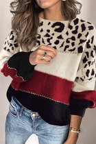 Gebreide Sweater Trui Dames - Colorblock Luipaard Rood - Maat L