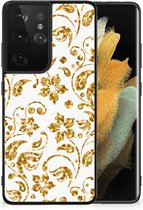 Back Cover Siliconen Hoesje Samsung Galaxy S21 Ultra Telefoonhoesje met Zwarte rand Gouden Bloemen