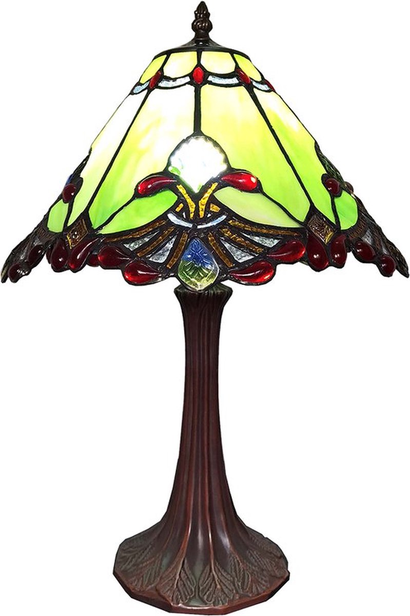 LumiLamp Tiffany Tafellamp Ø 31*49 cm E27/max 1*60W Groen, Rood Glas, Kunststof Tiffany Bureaulamp Tiffany Lampen