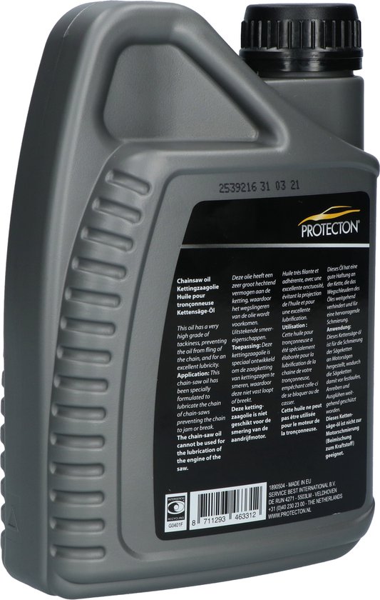 Grijze fles 1L Protecton kettingzaagolie, achterkant met gebruiksinstructies.