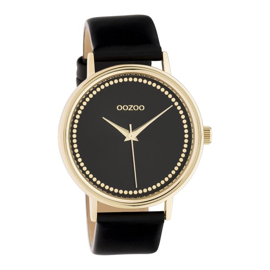 OOZOO Timepieces - goudkleurige horloge met zwarte leren band - C10835 - Ø42