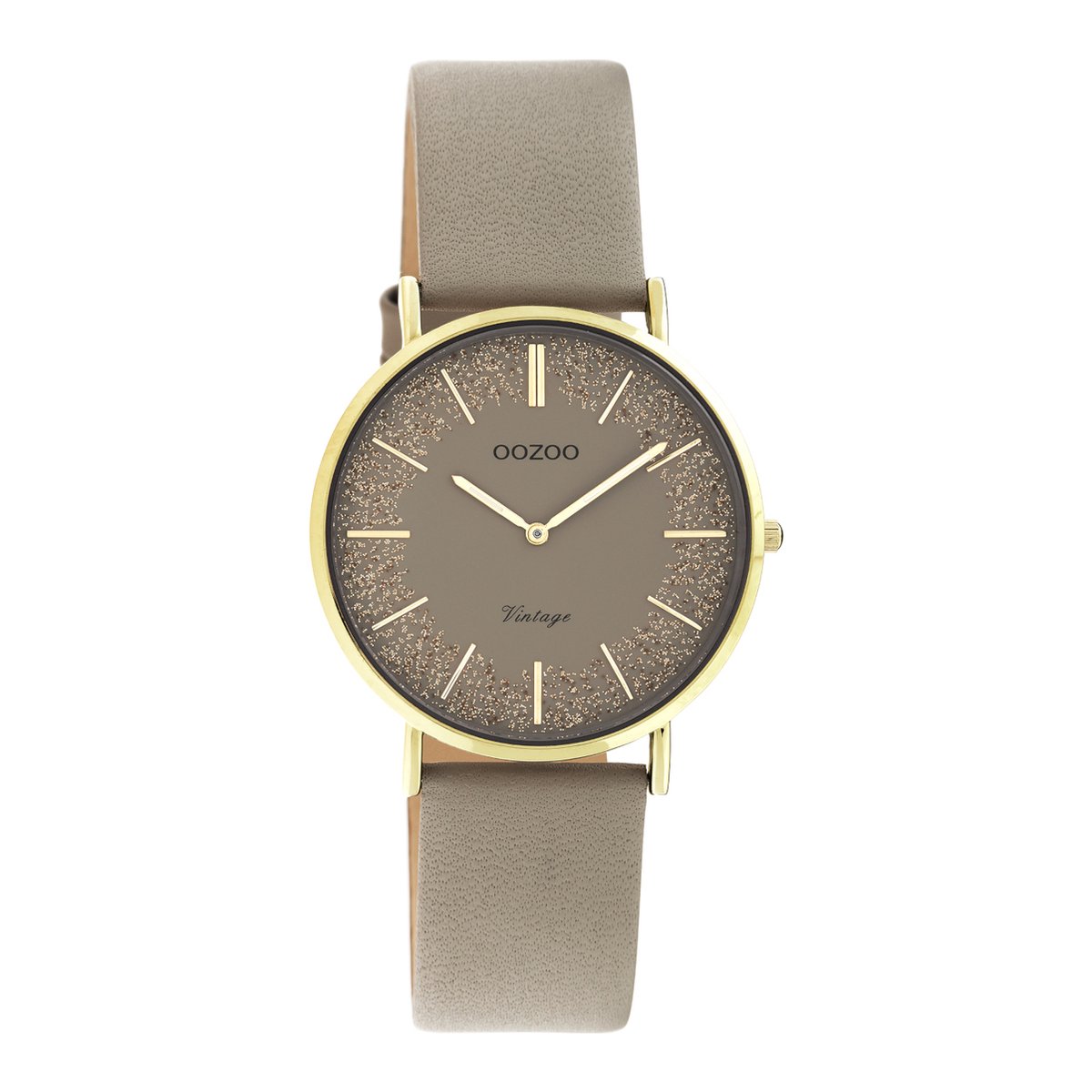 OOZOO Vintage series - goudkleurige horloge met taupe leren band - C20184 - Ø32