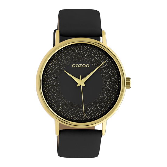 OOZOO Timepieces - goudkleurige horloge met zwarte leren band - C10837 - Ø42