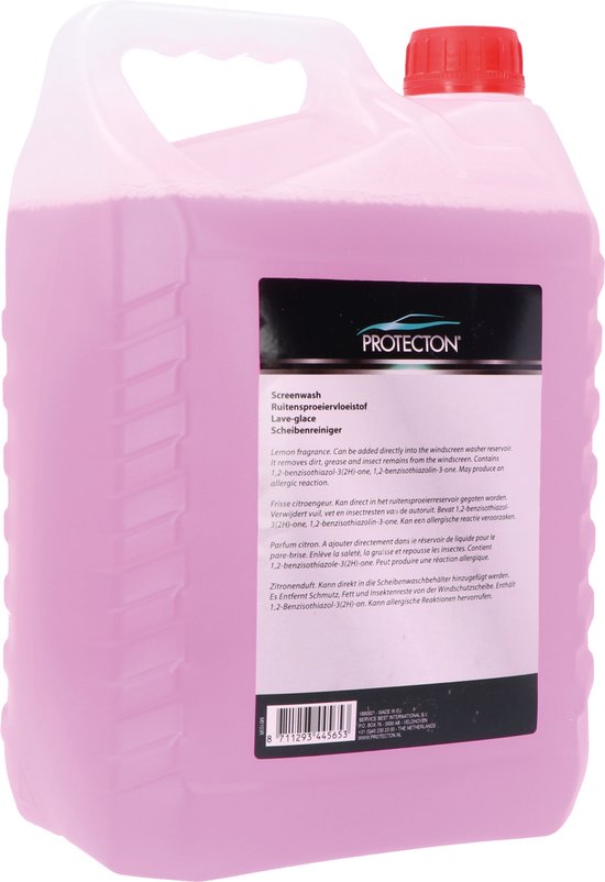 Liquide rose dans une bouteille de 5L avec bouchon rouge. Étiquette avec informations produit.