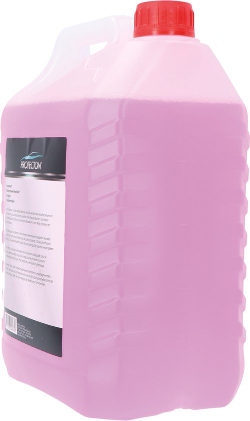 Liquide rose dans une bouteille de 5L avec bouchon rouge. Étiquette avec informations produit.