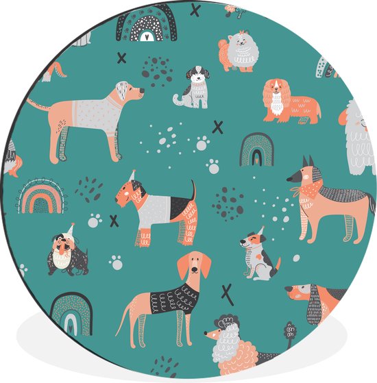 WallCircle - Wandcirkel - Muurcirkel - Honden illustratie met verschillende soorten honden tegen een blauwe achtergrond - Aluminium - Dibond - ⌀ 120 cm - Binnen en Buiten XXL