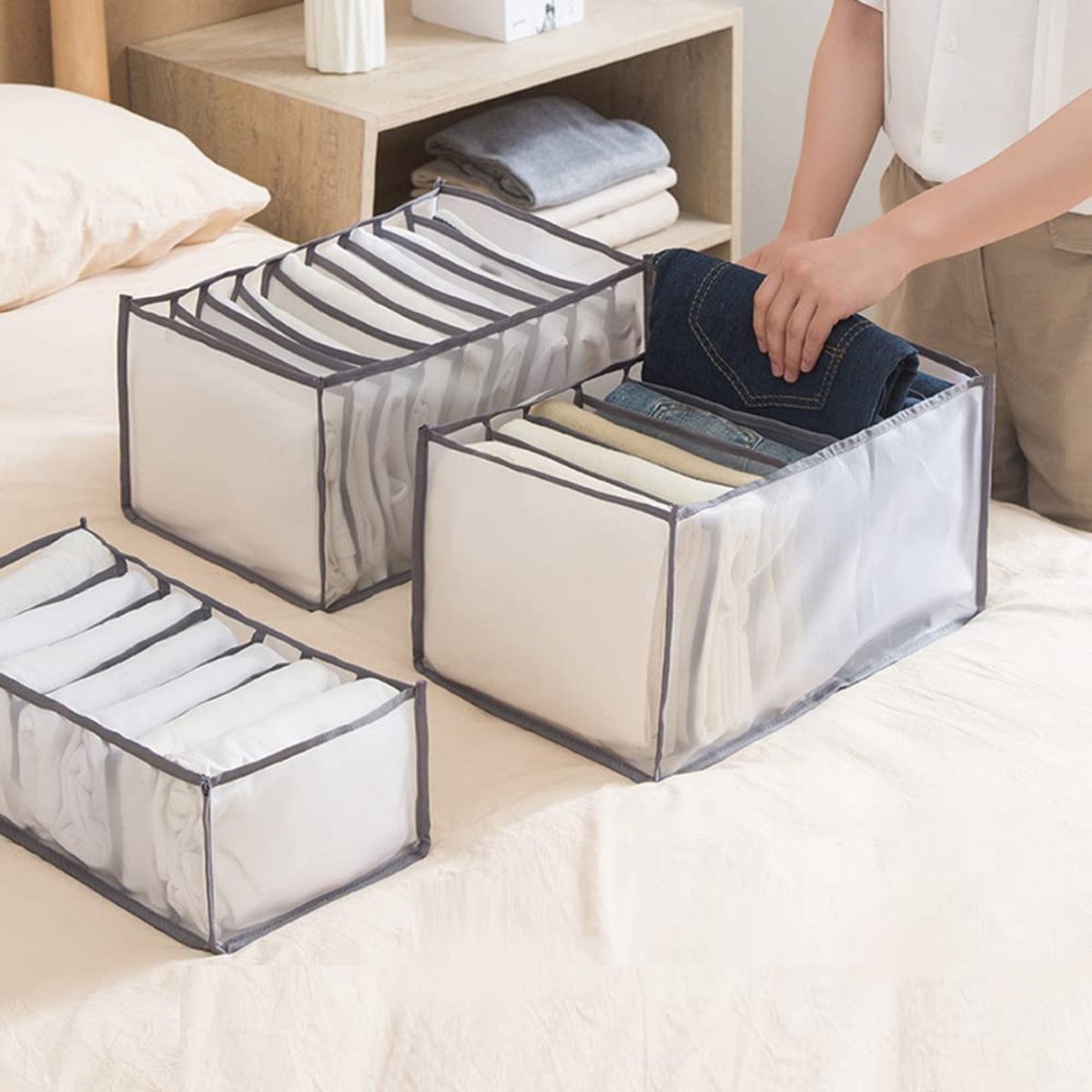 Lade-organizer, 4-delig, opbergdoos, jeans met vakken, 7 roosters, lade, kledingkast, scheidingsdoos, van netstof, voor jeans, broeken, overhemden (4 stuks, 36 x 25 x 20 cm, wit