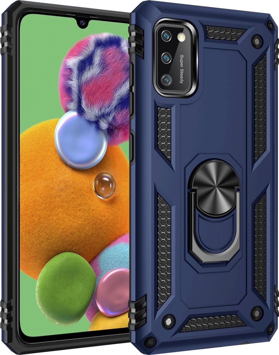 Mobigear Hoesje geschikt voor Samsung Galaxy A41 Telefoonhoesje Hardcase | Mobigear Armor Ring Backcover Shockproof met Ringhouder | Schokbestendig Galaxy A41 Telefoonhoesje | Anti Shock Proof - Blauw