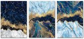 Marmer Posters - Abstracte stijl - 3 stuks - A4 formaat - Blauw Groen Goud - Poster - Minimalist Wanddecoratie - Kunst