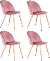 Manzibo Set van 4 stoelen - Eetkamerstoel - Met Fluwelen stof - Velvet - 4 Eetkamerstoelen - Voor keuken of huiskamer - Retro look - Roze - Volledige set