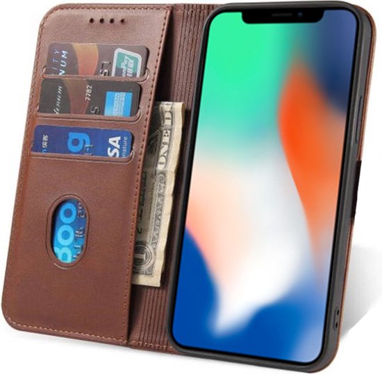 Smartphonica iPhone X/Xs leren hoesje met magnetische sluiting - Donkerbruin / Kunstleer / Book Case geschikt voor Apple iPhone X/10;Apple iPhone Xs