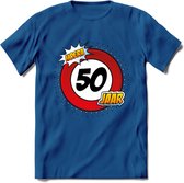 50 Jaar Hoera Verkeersbord T-Shirt | Grappig Abraham Verjaardag Cadeau | Dames - Heren | - Donker Blauw - XXL