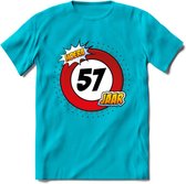 57 Jaar Hoera Verkeersbord T-Shirt | Grappig Verjaardag Cadeau | Dames - Heren | - Blauw - L