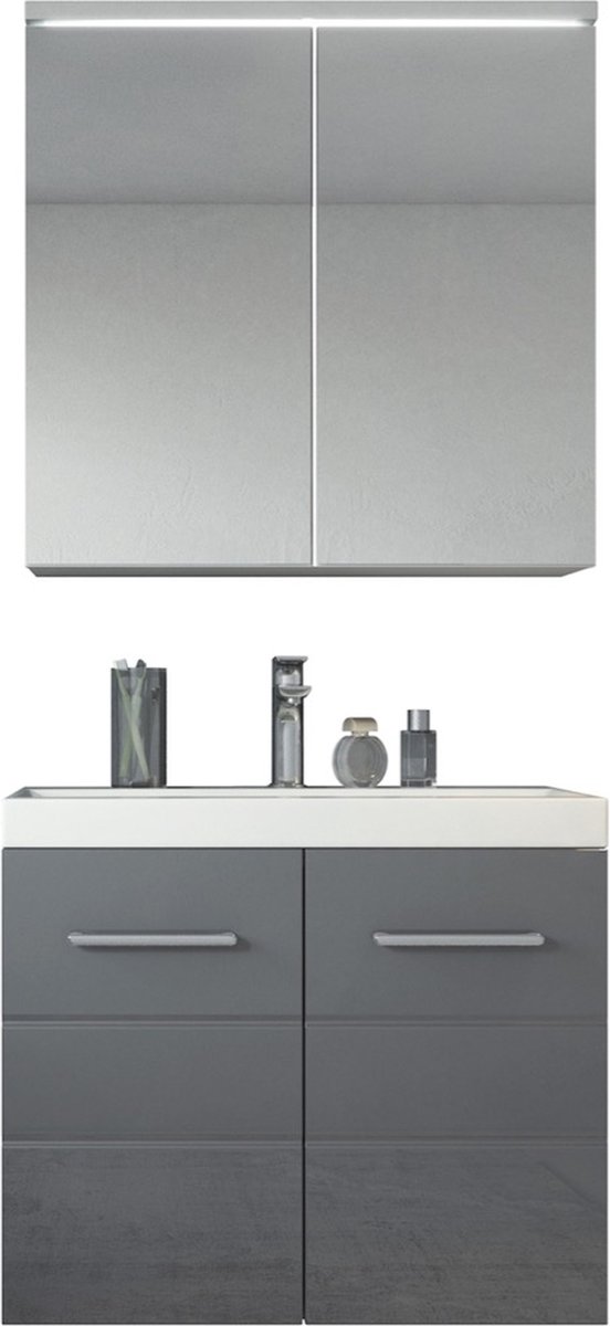 Badplaats Badkamermeubel Set Toledo 02 60 cm x 35 cm - Grijs Hoogglans - Badmeubel met spiegelkast
