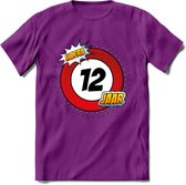 12 Jaar Hoera Verkeersbord T-Shirt | Grappig Verjaardag Cadeau | Dames - Heren | - Paars - L