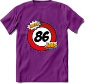 86 Jaar Hoera Verkeersbord T-Shirt | Grappig Verjaardag Cadeau | Dames - Heren | - Paars - L