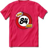 84 Jaar Hoera Verkeersbord T-Shirt | Grappig Verjaardag Cadeau | Dames - Heren | - Roze - L