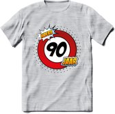 90 Jaar Hoera Verkeersbord T-Shirt | Grappig Verjaardag Cadeau | Dames - Heren | - Licht Grijs - Gemaleerd - XXL