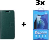 Samsung Galaxy A22 4G Telefoonhoesje - Bookcase - Ruimte voor 3 pasjes - Kunstleer - met 3x Tempered Screenprotector - SAFRANT1 - Donkergroen
