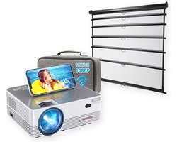 UpLiving® LCD Mini Beamer met Projectiescherm | Behuizing Zwart en 236cm Breed | 100 inch 16:9 | | Met WiFi | Met Bluetooth | Native Full HD | 10.000:1 Contrastratio | 8.000 Lumen | Projector - Afstandsbediening - Draagtas
