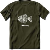 I Love Fishing - Vissen T-Shirt | Wit | Grappig Verjaardag Vis Hobby Cadeau Shirt | Dames - Heren - Unisex | Tshirt Hengelsport Kleding Kado - Leger Groen - XL