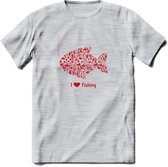 I Love Fishing - Vissen T-Shirt | Rood | Grappig Verjaardag Vis Hobby Cadeau Shirt | Dames - Heren - Unisex | Tshirt Hengelsport Kleding Kado - Licht Grijs - Gemaleerd - 3XL