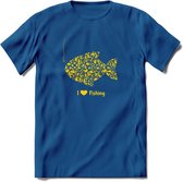 I Love Fishing - Vissen T-Shirt | Geel | Grappig Verjaardag Vis Hobby Cadeau Shirt | Dames - Heren - Unisex | Tshirt Hengelsport Kleding Kado - Donker Blauw - XXL