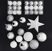 Decoratieset voor Zilver-witte kerstboom van 33 bollen van 4 tot 8 cm + een kam van 15 cm.