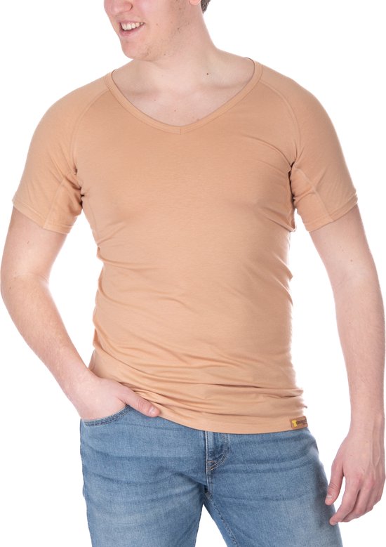 ConfidenceForAll® Heren Premium Anti Zweet Shirt met Ingenaaide Okselpads - Zijdezacht Modal en Verkoelend Katoen - Maat L V-hals Beige