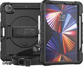 Geschikt voor iPad Pro 12.9 (2018 / 2020 / 2021) Tablet Kids case - Armor Case - Schermbeschermer - ShockProof - Handstrap - met Schouderband - Zwart / Zwart - ZT Accessoires
