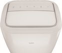Witte Beko airco met gesloten klep. Display met timer, modus, temperatuurinstelling, snelheid en aan/uit-knop.