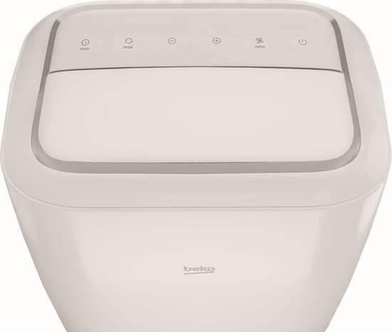 Witte Beko airco met gesloten klep. Display met timer, modus, temperatuurinstelling, snelheid en aan/uit-knop.