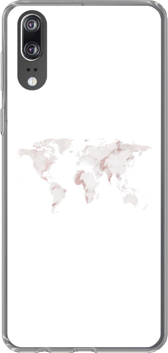 Geschikt voor Huawei P20 hoesje - Wereldkaart - Marmer print - Kaart - Siliconen Telefoonhoesje