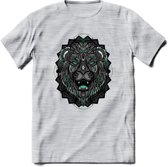 Leeuw - Dieren Mandala T-Shirt | Aqua | Grappig Verjaardag Zentangle Dierenkop Cadeau Shirt | Dames - Heren - Unisex | Wildlife Tshirt Kleding Kado | - Licht Grijs - Gemaleerd - 3X