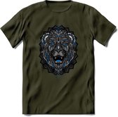 Leeuw - Dieren Mandala T-Shirt | Blauw | Grappig Verjaardag Zentangle Dierenkop Cadeau Shirt | Dames - Heren - Unisex | Wildlife Tshirt Kleding Kado | - Leger Groen - XL