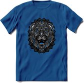 Leeuw - Dieren Mandala T-Shirt | Blauw | Grappig Verjaardag Zentangle Dierenkop Cadeau Shirt | Dames - Heren - Unisex | Wildlife Tshirt Kleding Kado | - Donker Blauw - S