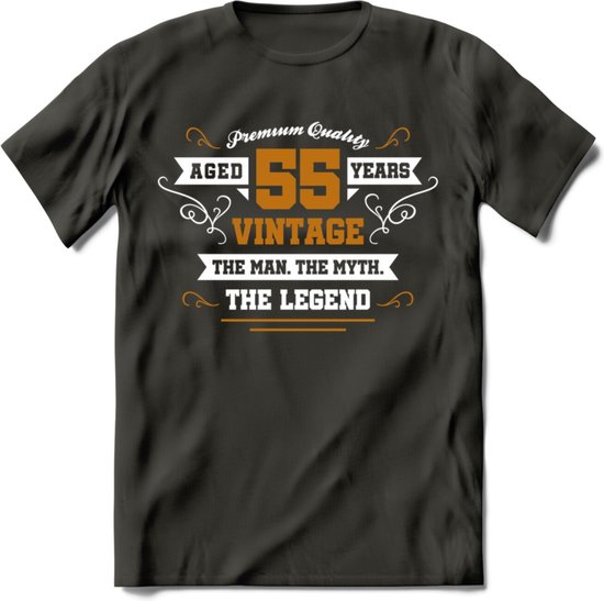 55 Jaar Legend T-Shirt | Goud - Wit | Grappig Verjaardag en Feest Cadeau Shirt | Dames - Heren - Unisex | Tshirt Kleding Kado | - Donker Grijs - 3XL