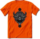 Bizon - Dieren Mandala T-Shirt | Donkerblauw | Grappig Verjaardag Zentangle Dierenkop Cadeau Shirt | Dames - Heren - Unisex | Wildlife Tshirt Kleding Kado | - Oranje - 3XL