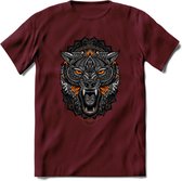 Wolf - Dieren Mandala T-Shirt | Oranje | Grappig Verjaardag Zentangle Dierenkop Cadeau Shirt | Dames - Heren - Unisex | Wildlife Tshirt Kleding Kado | - Burgundy - S