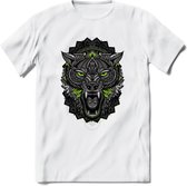 Wolf - Dieren Mandala T-Shirt | Groen | Grappig Verjaardag Zentangle Dierenkop Cadeau Shirt | Dames - Heren - Unisex | Wildlife Tshirt Kleding Kado | - Wit - XL
