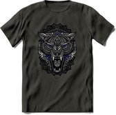 Wolf - Dieren Mandala T-Shirt | Donkerblauw | Grappig Verjaardag Zentangle Dierenkop Cadeau Shirt | Dames - Heren - Unisex | Wildlife Tshirt Kleding Kado | - Donker Grijs - L