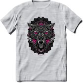 Wolf - Dieren Mandala T-Shirt | Roze | Grappig Verjaardag Zentangle Dierenkop Cadeau Shirt | Dames - Heren - Unisex | Wildlife Tshirt Kleding Kado | - Licht Grijs - Gemaleerd - S