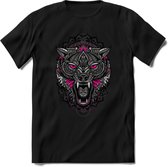 Wolf - Dieren Mandala T-Shirt | Roze | Grappig Verjaardag Zentangle Dierenkop Cadeau Shirt | Dames - Heren - Unisex | Wildlife Tshirt Kleding Kado | - Zwart - 3XL