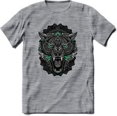 Wolf - Dieren Mandala T-Shirt | Aqua | Grappig Verjaardag Zentangle Dierenkop Cadeau Shirt | Dames - Heren - Unisex | Wildlife Tshirt Kleding Kado | - Donker Grijs - Gemaleerd - XL
