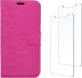 LuxeBass Samsung Galaxy A41 hoesje book case + 2 stuks Glas Screenprotector roze - telefoonhoes - gsm hoes - telefoonhoesjes - glas scherm - bescherming