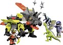 Playmobil Robo-Dino met dinosaurussen en speelfiguren, met projectielen in de lucht.