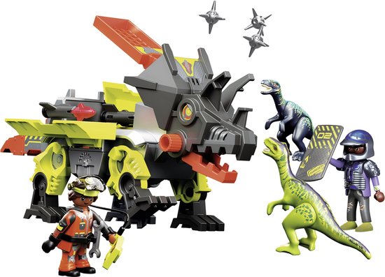 Playmobil Robo-Dino met dinosaurussen en speelfiguren, met projectielen in de lucht.