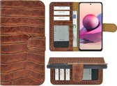 Xiaomi Redmi Note 10s Hoesje - Bookcase - Portemonnee Hoes Echt leer Wallet case Croco Kaneelbruin